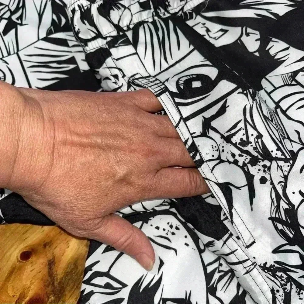 FreshPrints Anime Swim Trunks w front pockets & 1 back pocket, drawstring waist